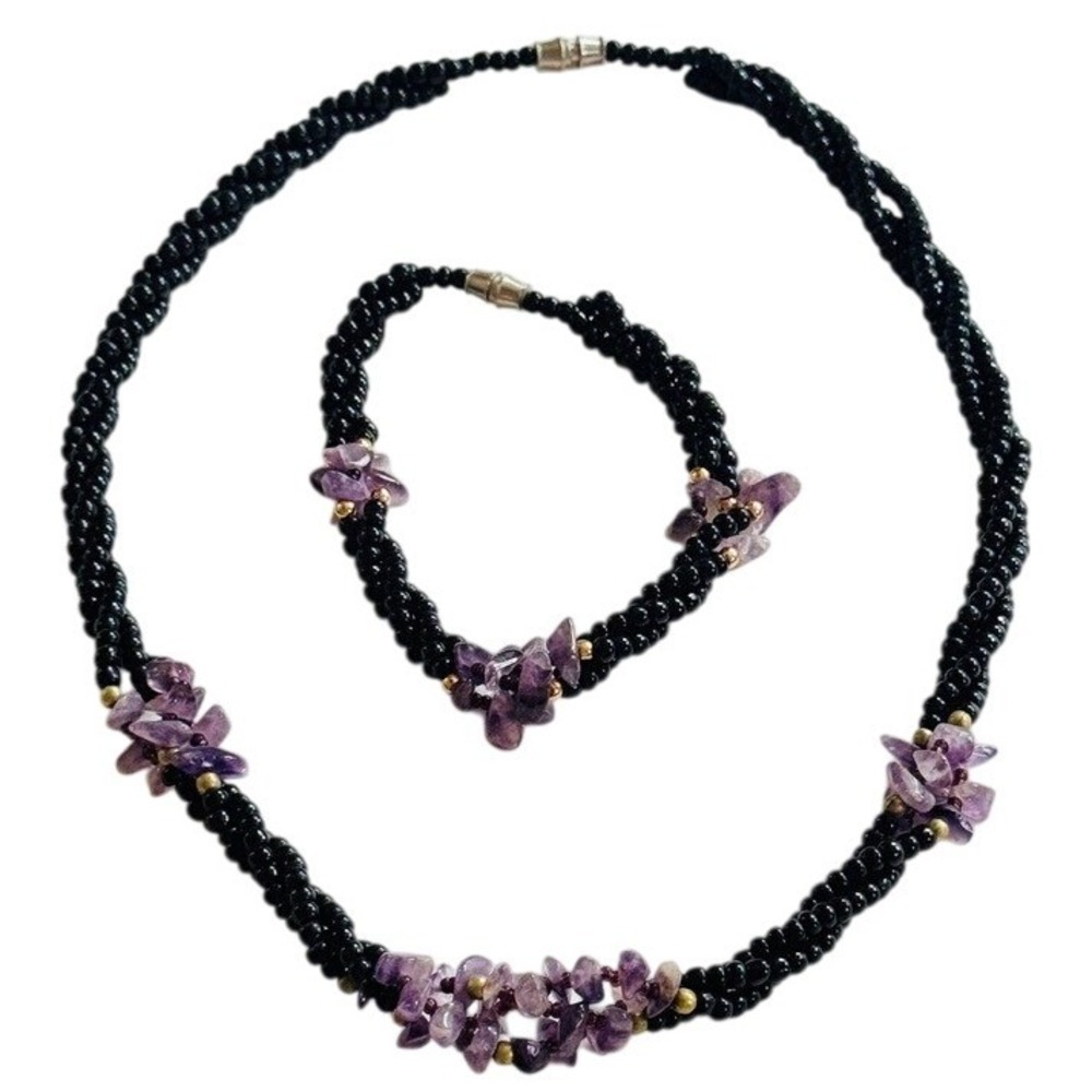 VTG onyx amethyst Beaded matching Set Necklace Bracelet Real Natural Beads rare